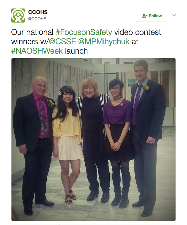Photo from NAOSH Week launch @CSSE with our national #FocusSafety video contest winners, CCOHS President and CEO Garett Jones and MP AnnMary Mihychuk